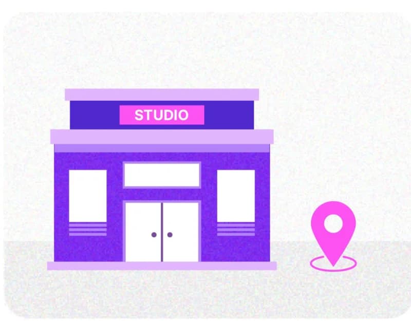 Illustration of a studio storefront with a location pin